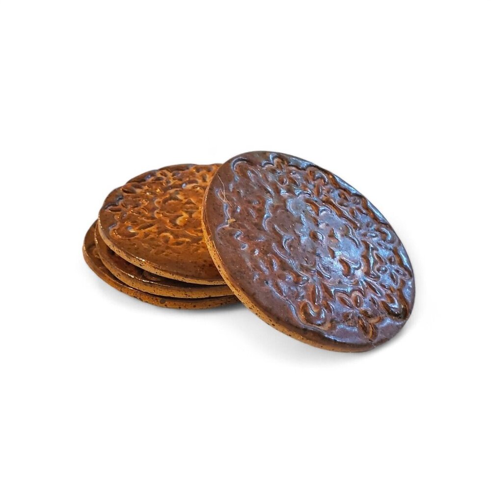 Handmade‎ Ceramic Stamped Clay Coasters Set of 4 Brown Boho Style Geometry Cork